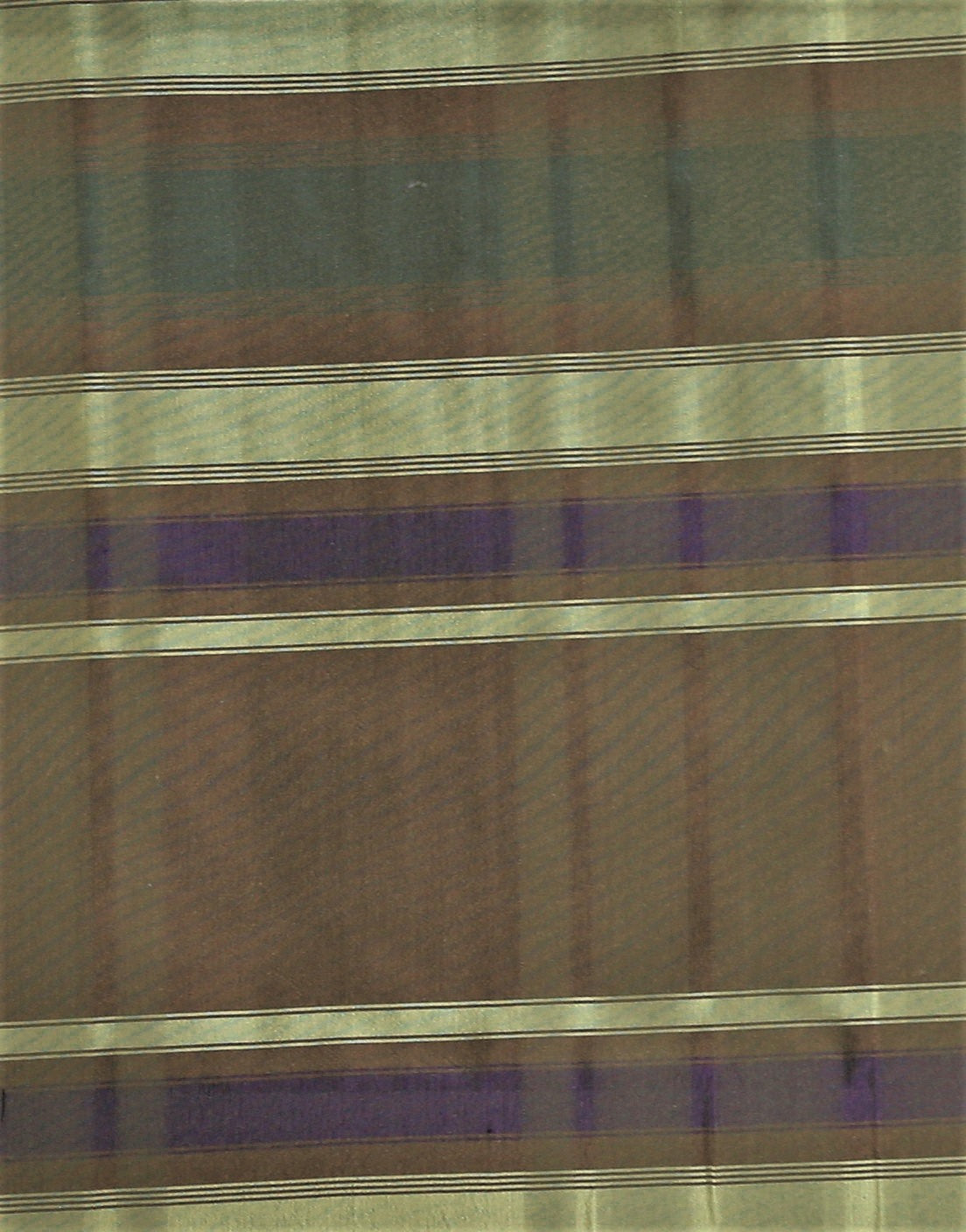 Olive-brown silk upholstery fabric check with a periwinkle-blue accent stripe