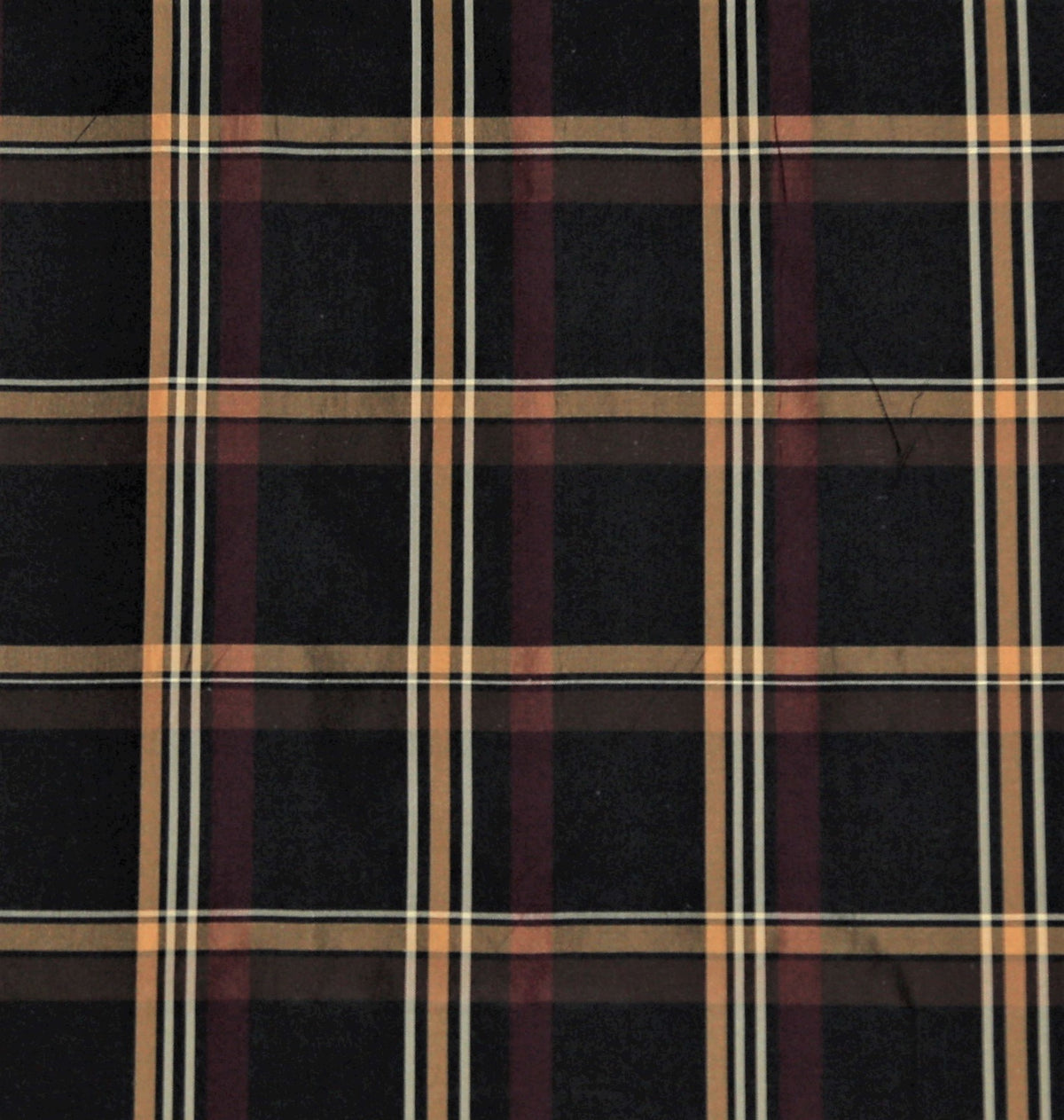 Black polysilk upholstery fabric in a windowpane check with maroon and gold pinstripe accents