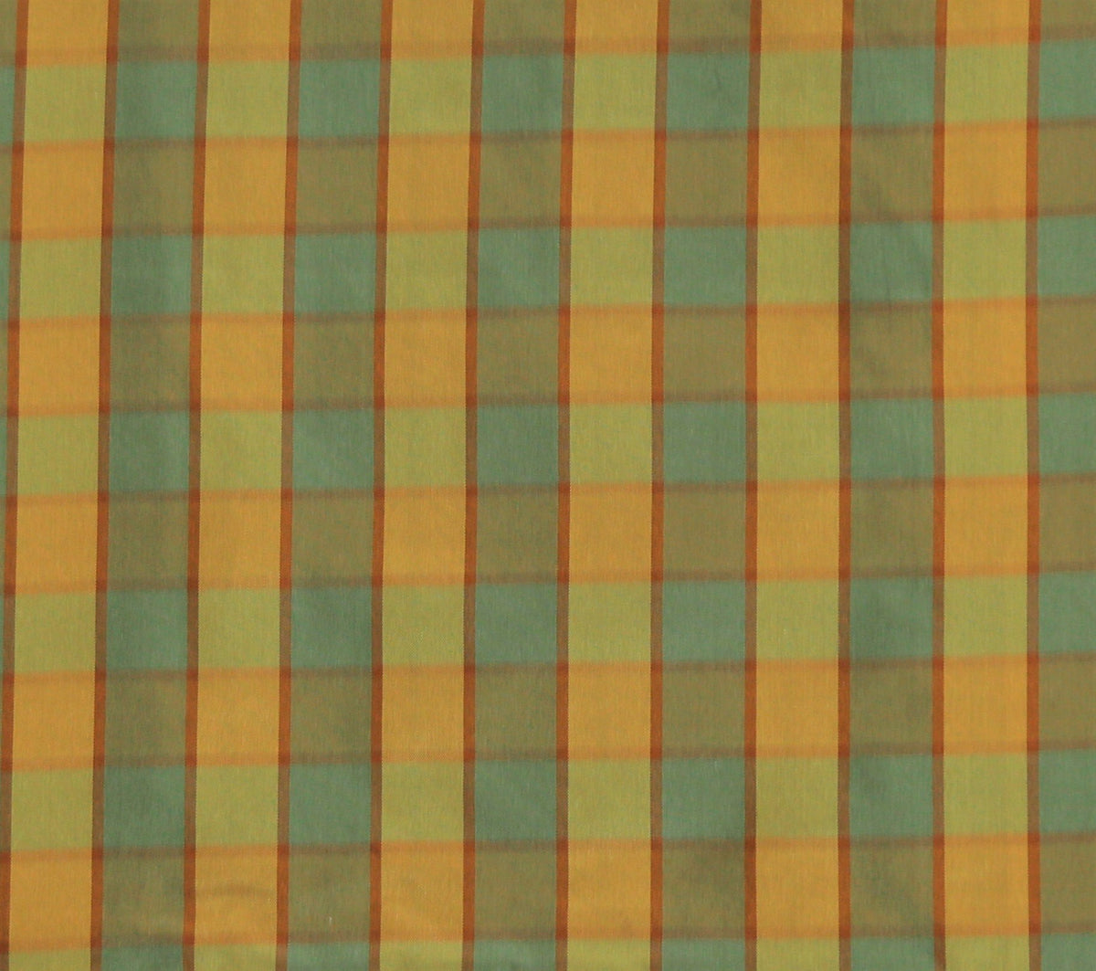 Gold, sage-green, and rust-orange silk upholstery fabric in a check pattern