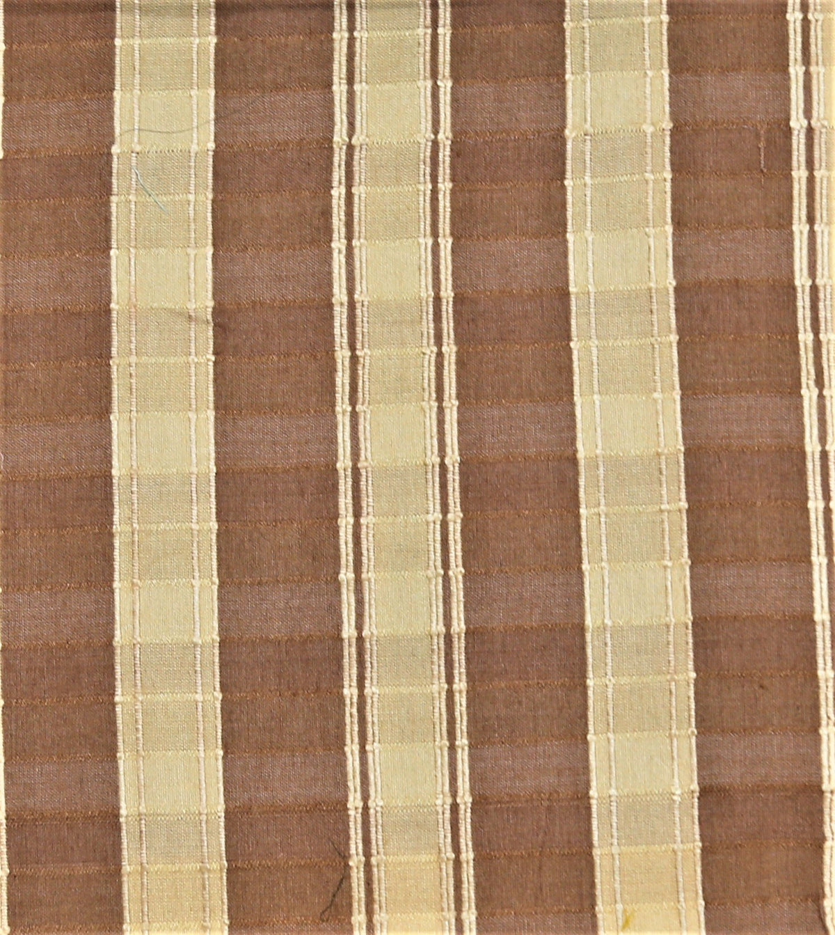 Tussar feswa silk upholstery fabric swatch in warm brown with ivory stripes