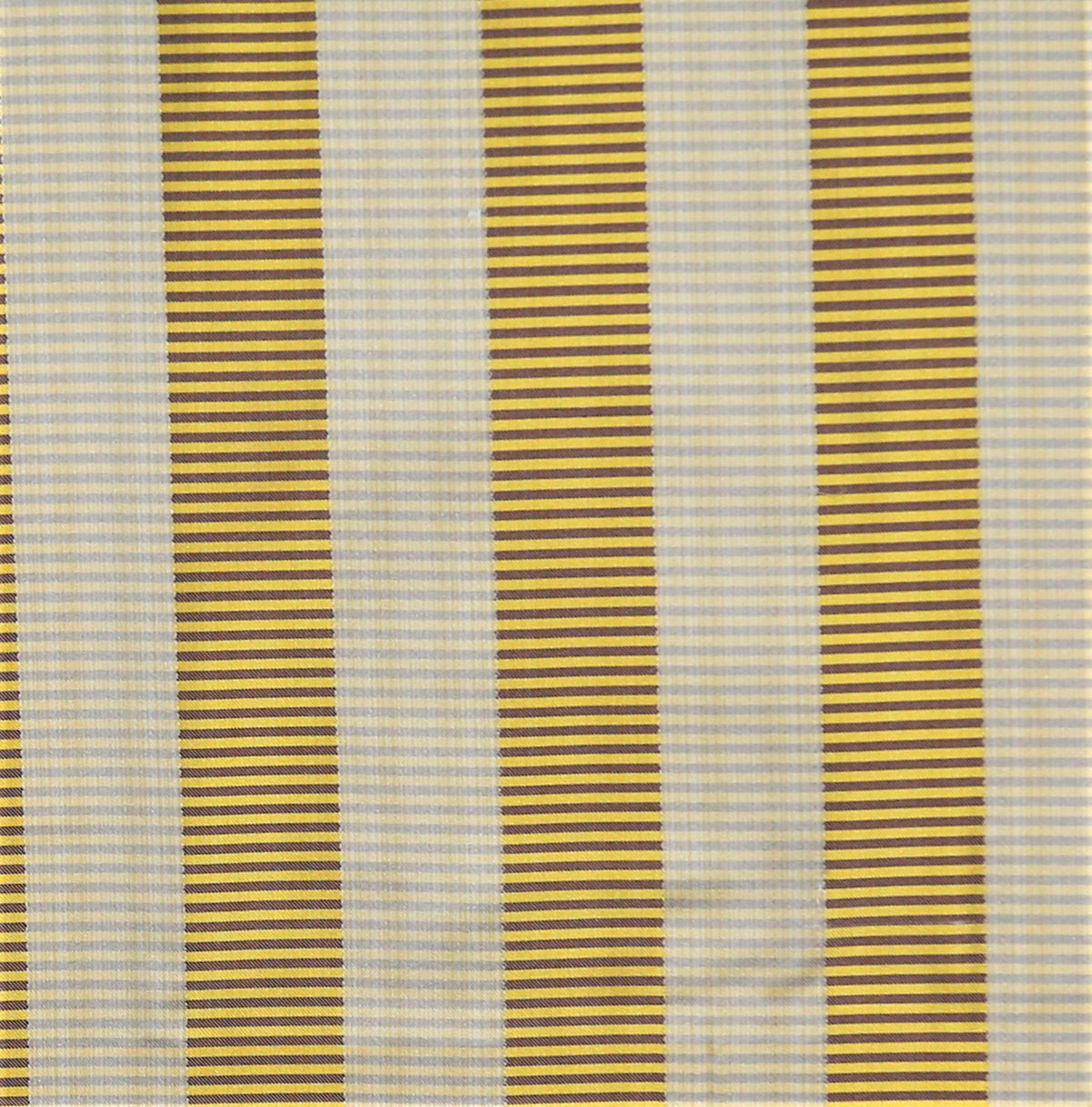 Gold, maroon, and cream silk upholstery fabric in a woven stripe