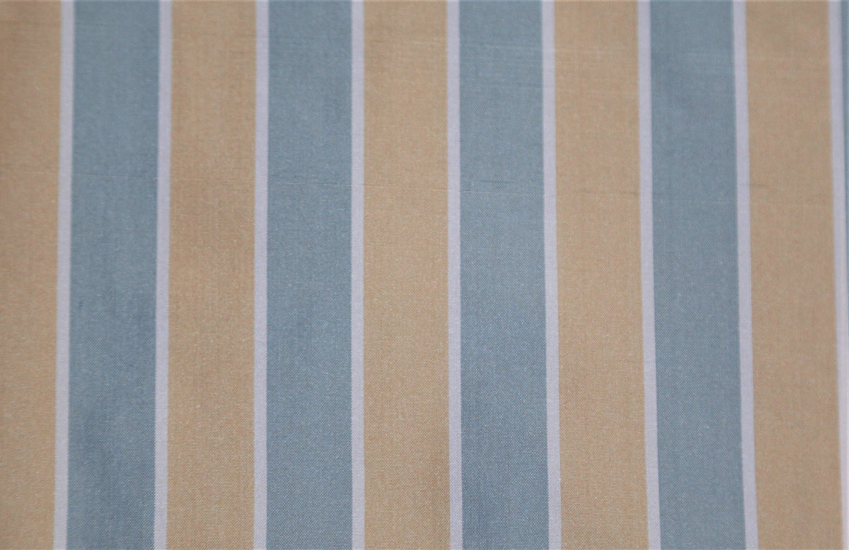 Zena stripe silk upholstery fabric swatch in camel and dusty blue-grey