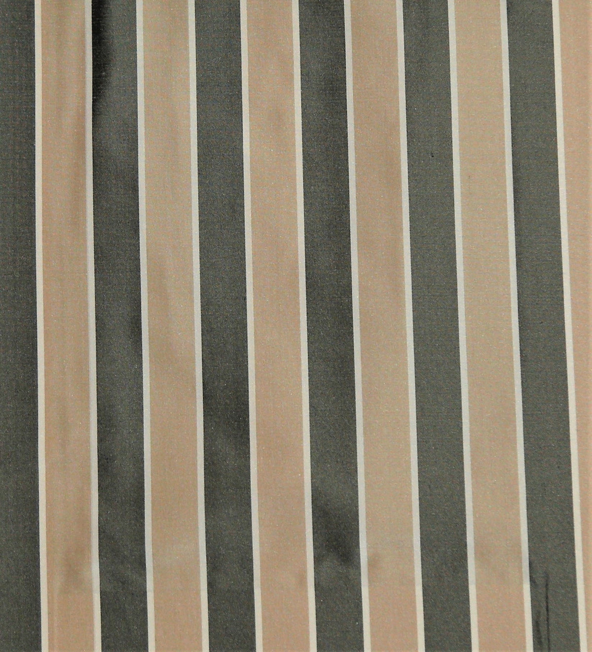 Charcoal-grey and tan silk upholstery fabric in a striped weave with a fine white pinstripe
