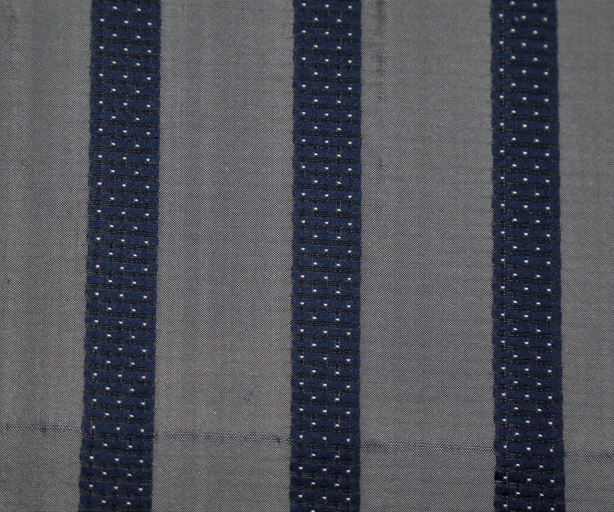 Grey silk upholstery fabric with a navy dotted pinstripe