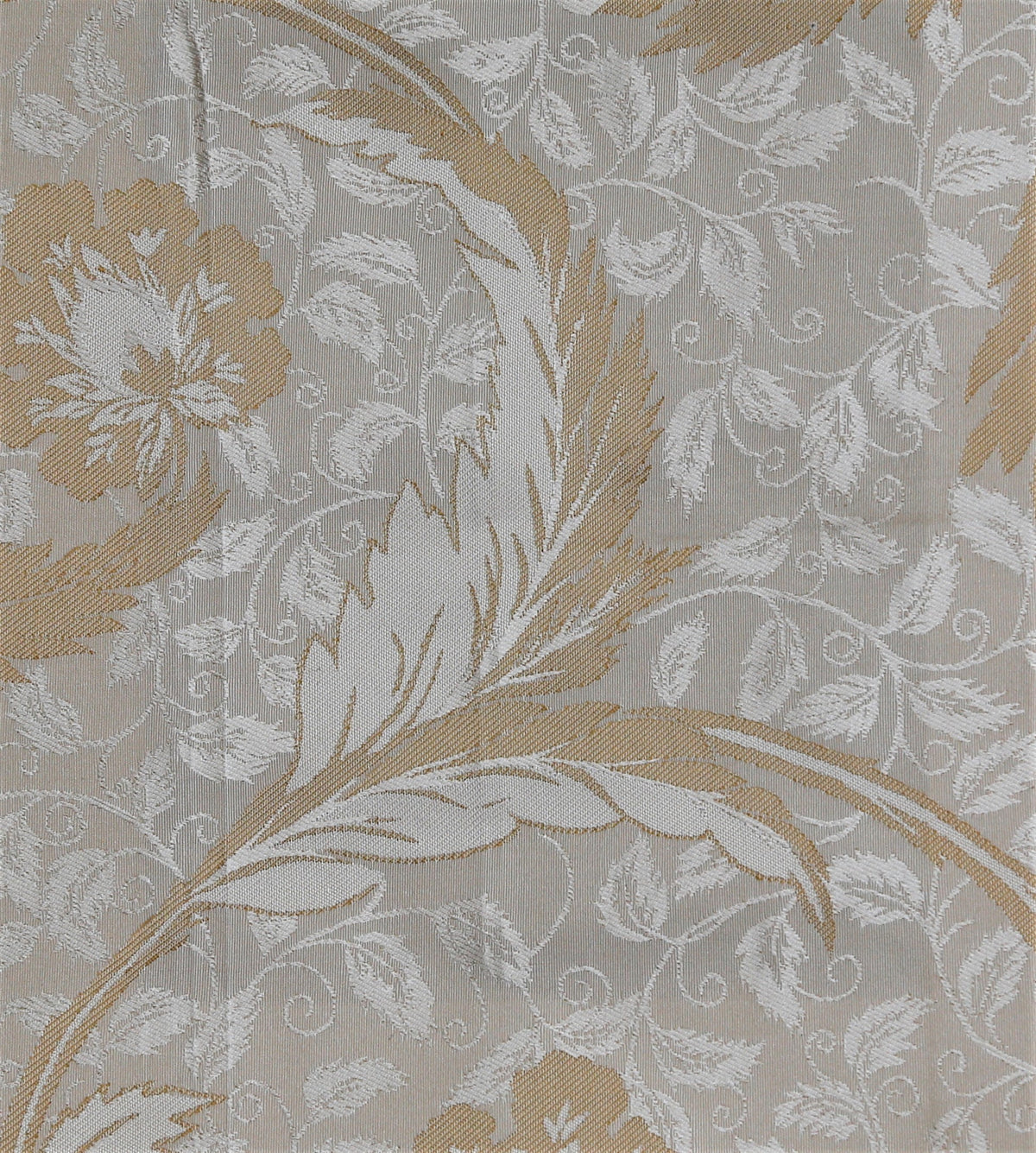 Beige silk upholstery fabric in a tone-on-tone floral jacquard with gold accents