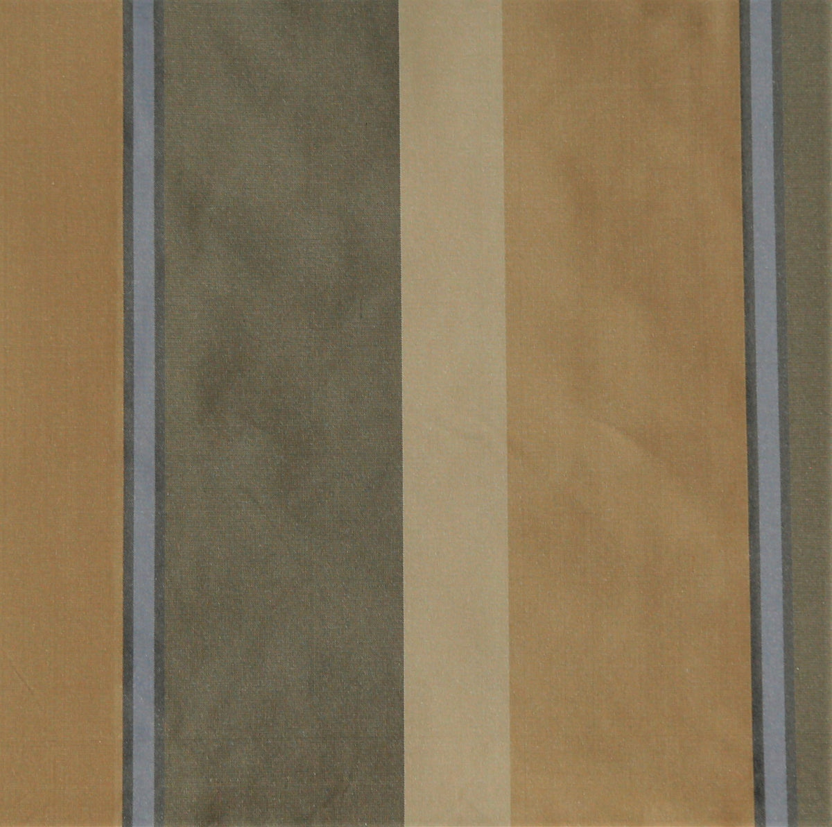 Olive-grey, beige, and tan silk upholstery fabric in a colour-block stripe with a slate-blue accent
