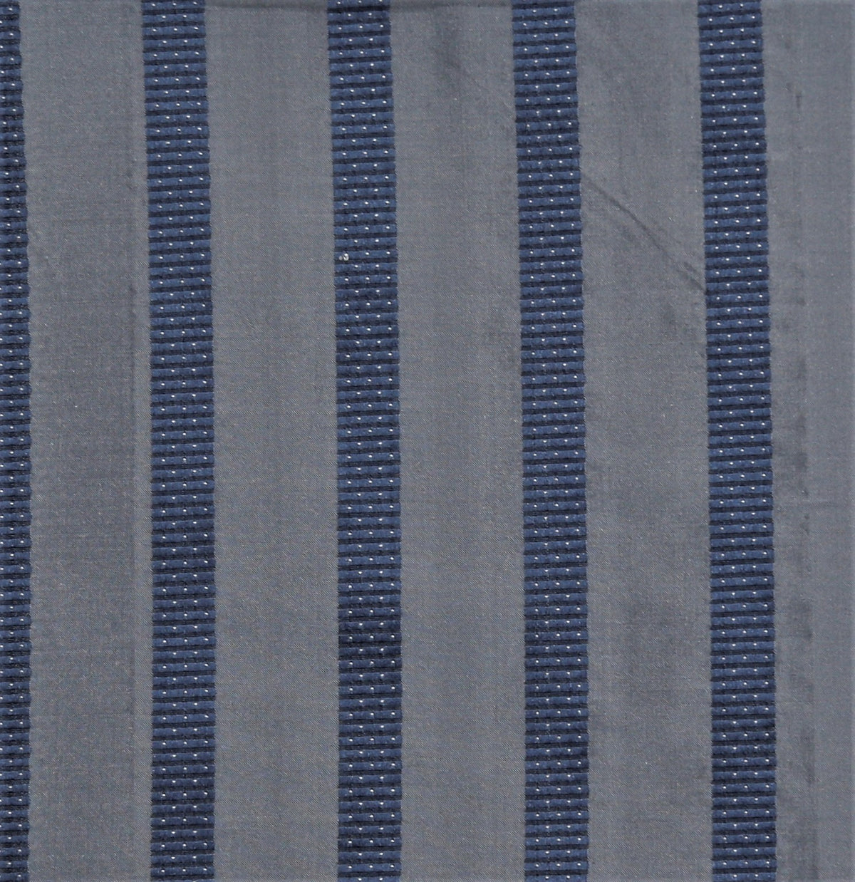 Grey silk upholstery fabric with a navy dotted pinstripe