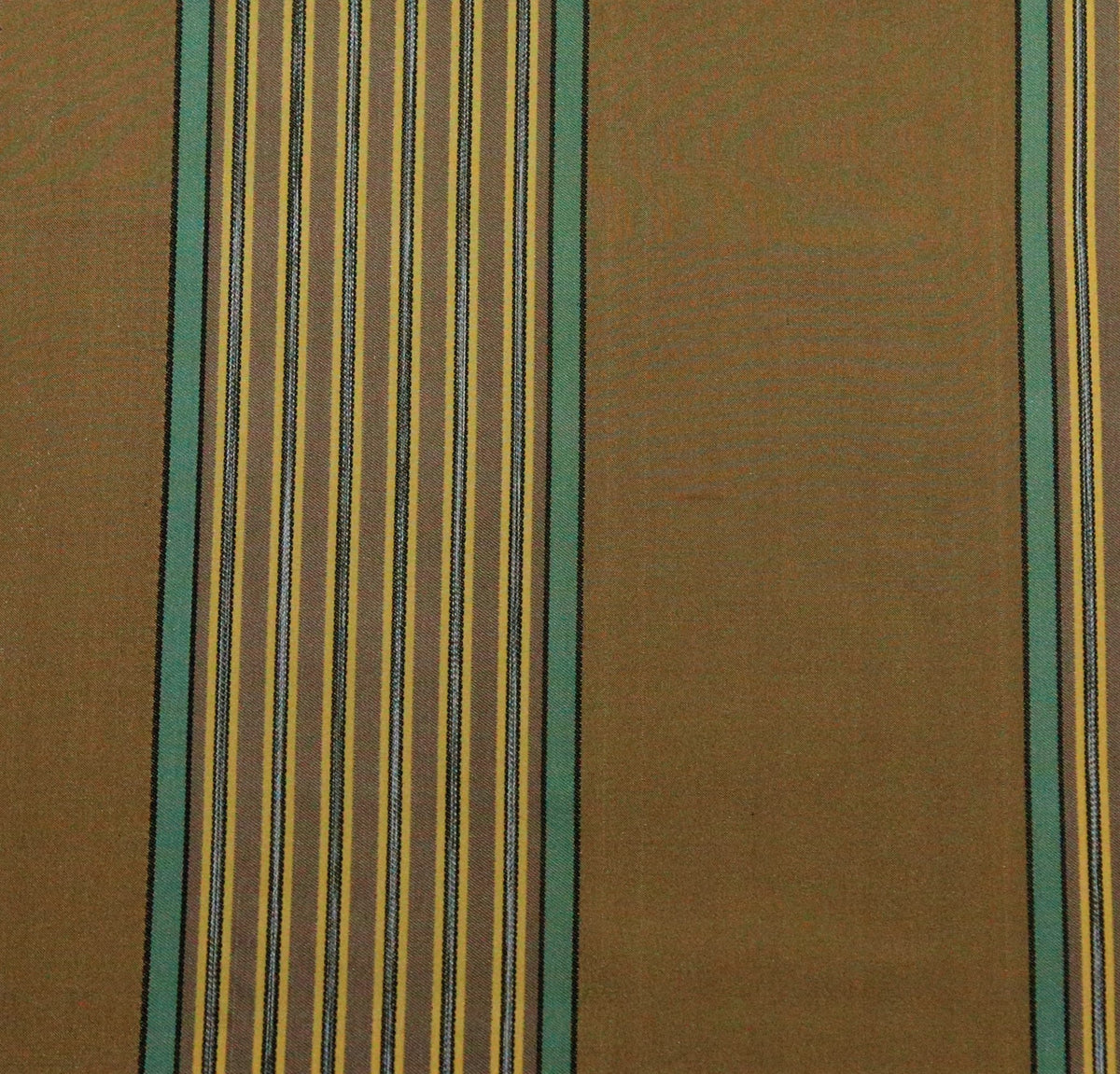 Tan-gold satin upholstery fabric with a sage-green bordered multicolour pinstripe