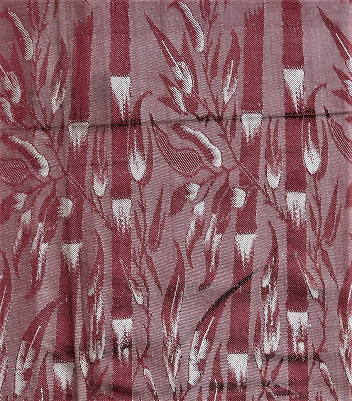 Dusty rose silk upholstery fabric with maroon stripes and a cream leaf-vine brocade