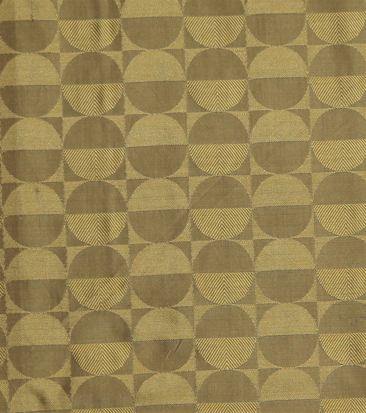 Olive-green silk upholstery fabric with a tone-on-tone checkerboard medallion pattern