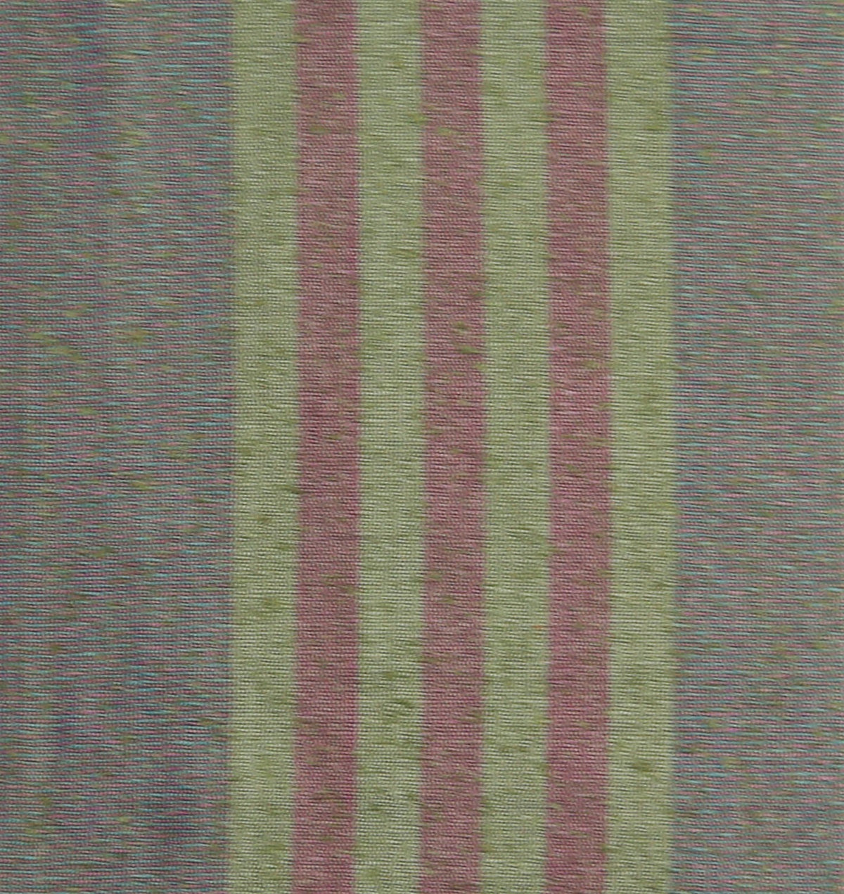 Sage-green, dusty pink, and blue-grey polysilk upholstery fabric in a multicolour stripe