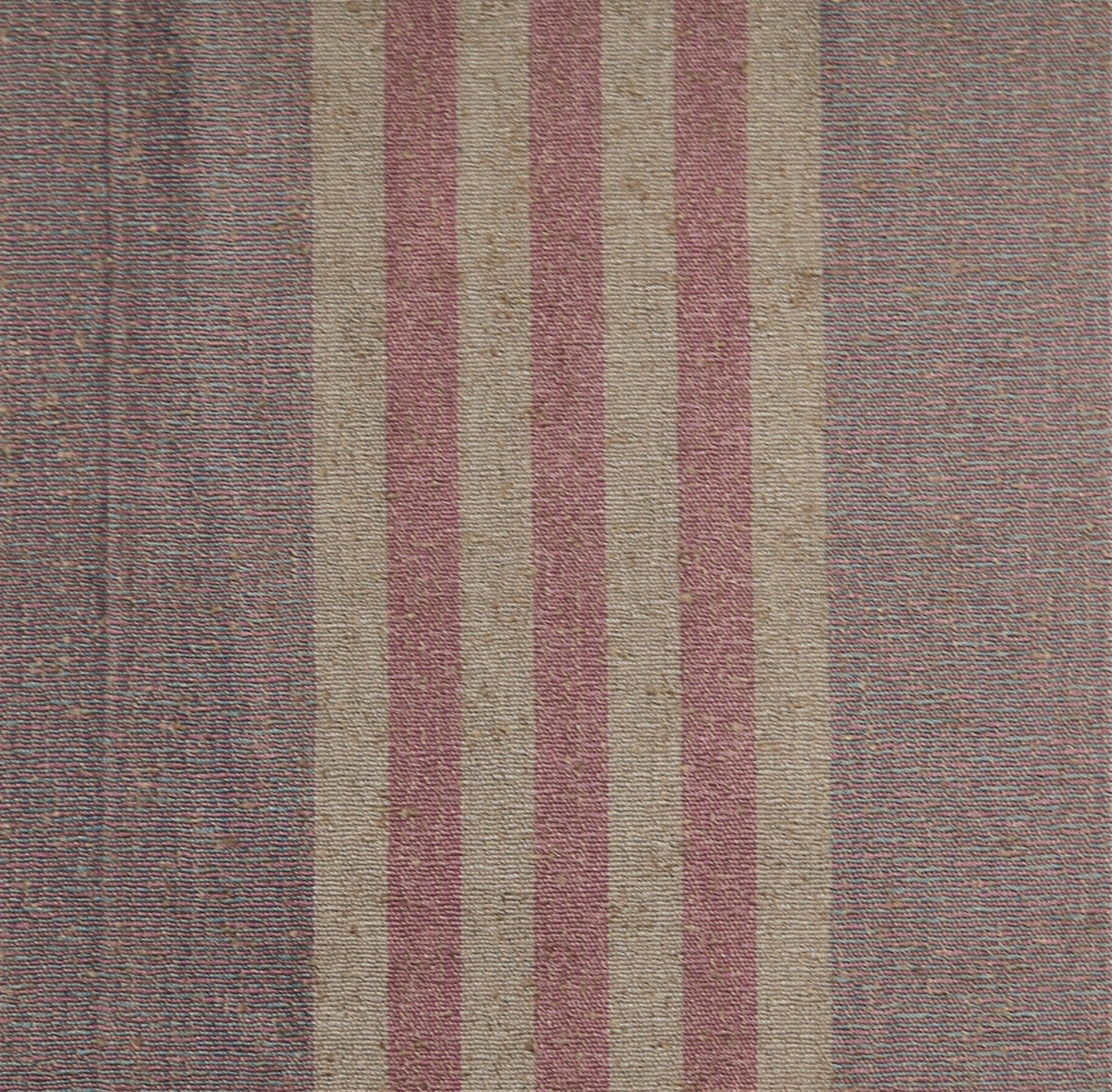 Blue-grey, cream, and dusty rose polysilk upholstery fabric in a multicolour stripe