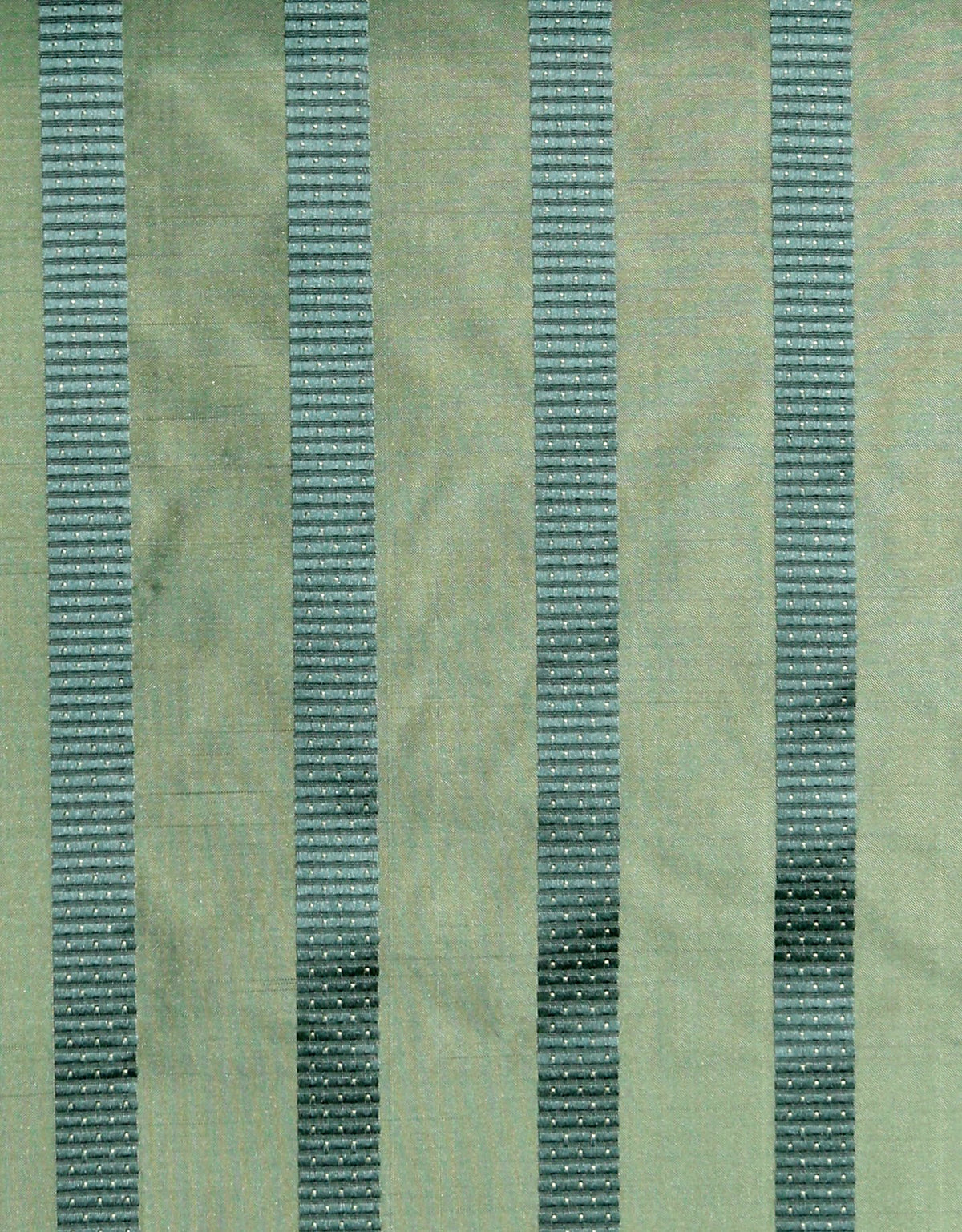 Sage-green silk upholstery fabric with a silver-grey dotted pinstripe