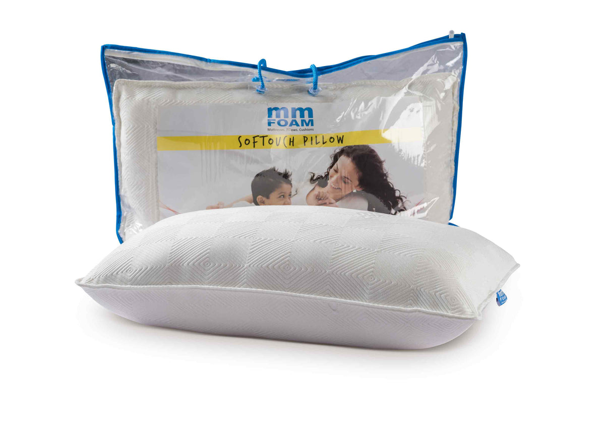 mm Foam Softouch pillow in front of its printed zip carry bag