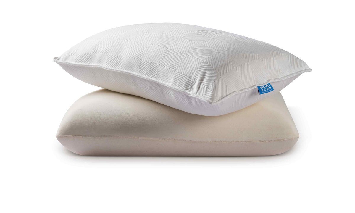 White diamond quilted mm Foam pillow resting on a cream memory foam pillow