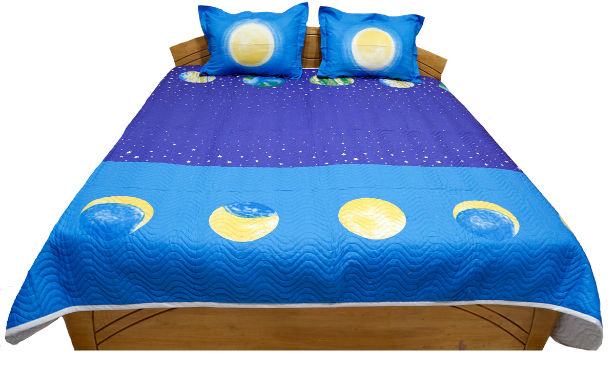 Blue moon and planet print children's quilted bedcover with two pillow covers