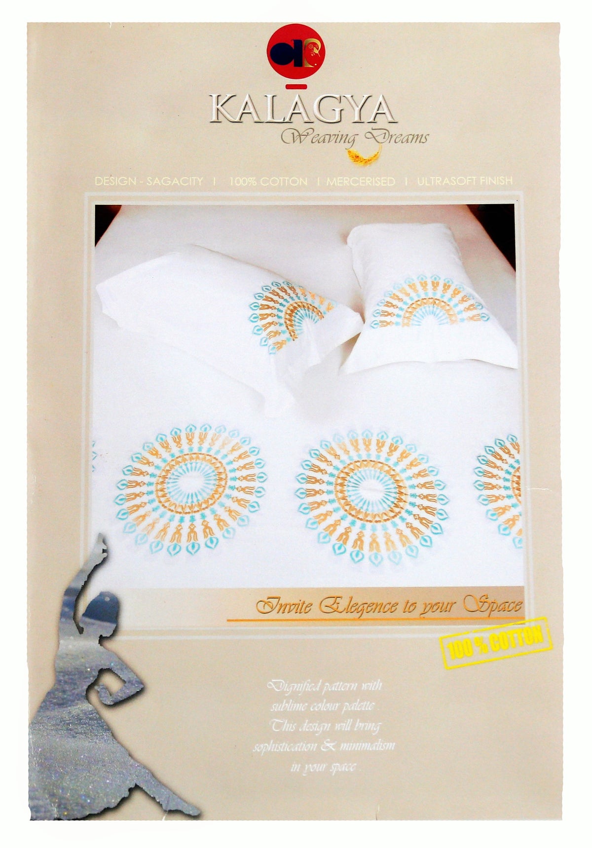 Kalagya packaging showing a white cotton bedsheet with teal and gold mandala medallion embroidery, styled on a bed with matching pillow covers