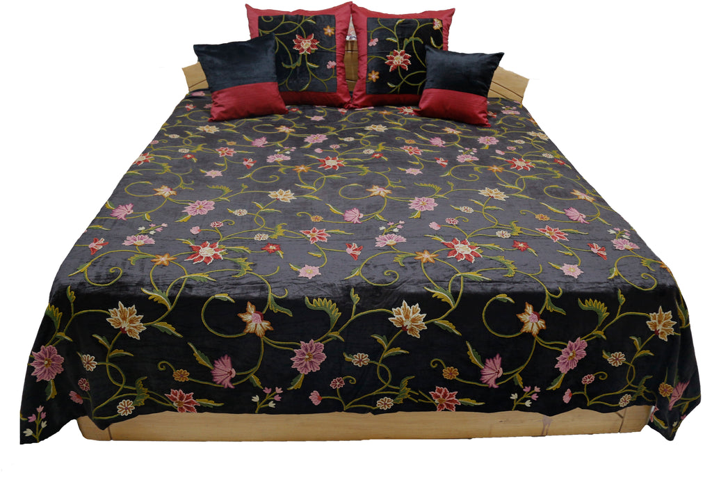 Kashmiri Embroidered Velvet BedCover Set-(1 bedcover+ 4 Cushion Covers) - Jagdish Store Online Since 1965
