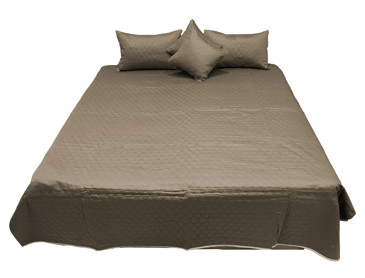 Olive taupe diamond quilted bedcover with three matching covers, straight view