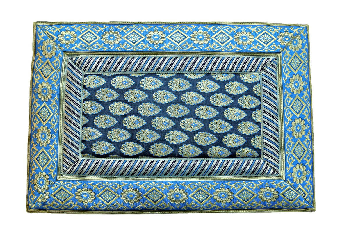 Blue brocade poly silk dining table mat set of 6 12x18 inch