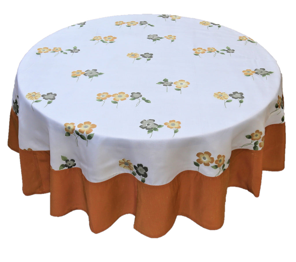 Printed(72 Inch) Round Table Cover(Cream-Orange)-Sheer - Jagdish Store Online Since 1965