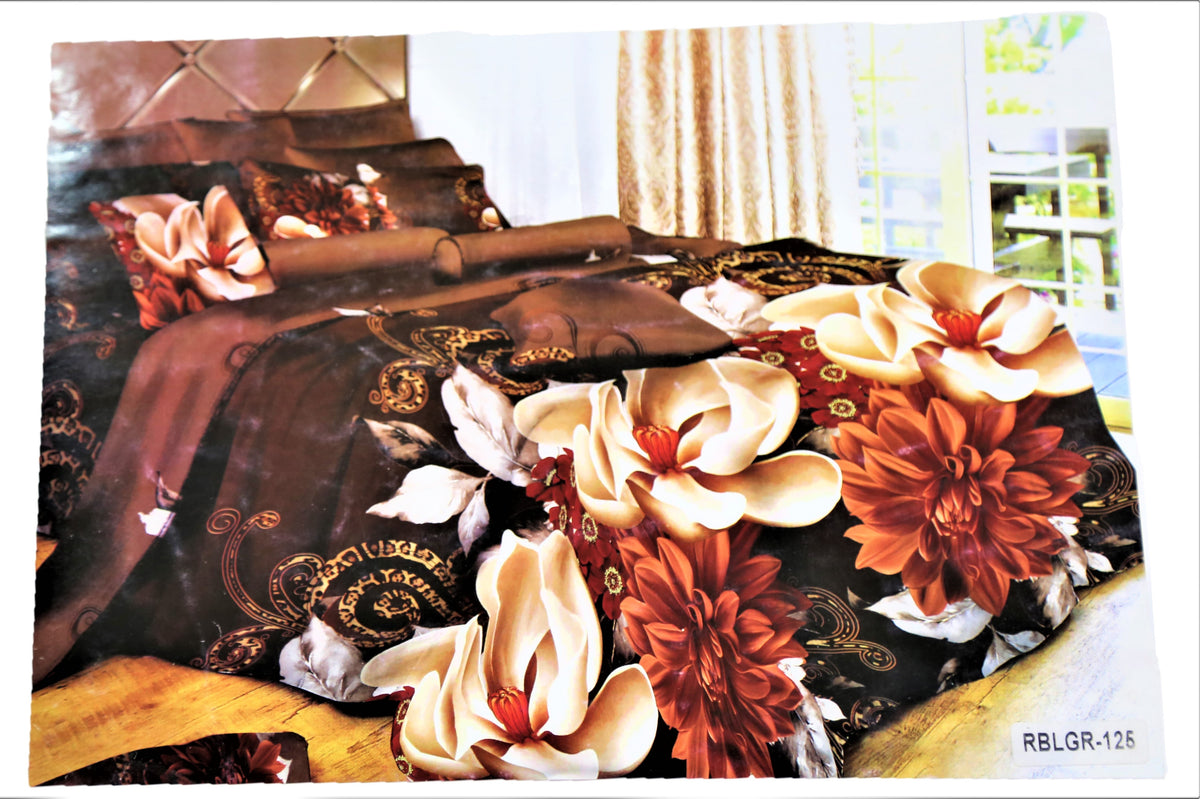 Dark brown cotton duvet cover with a magnolia and dahlia floral print