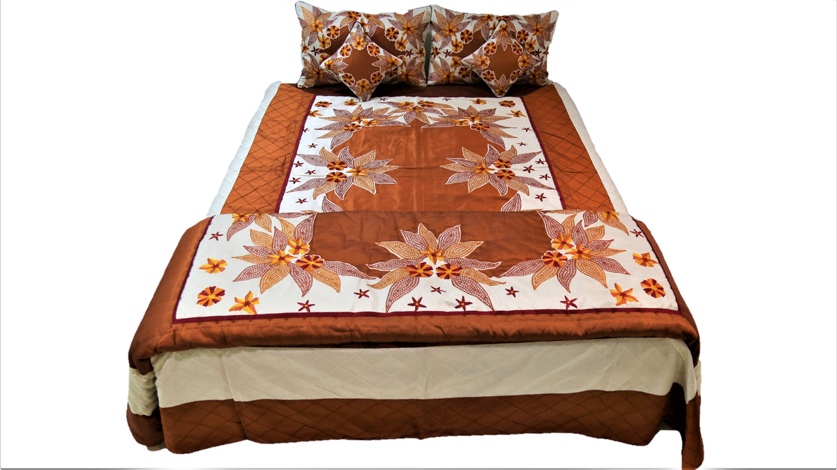 Rust brown wedding set showing the quilt, bedcover, pillow covers and cushion covers