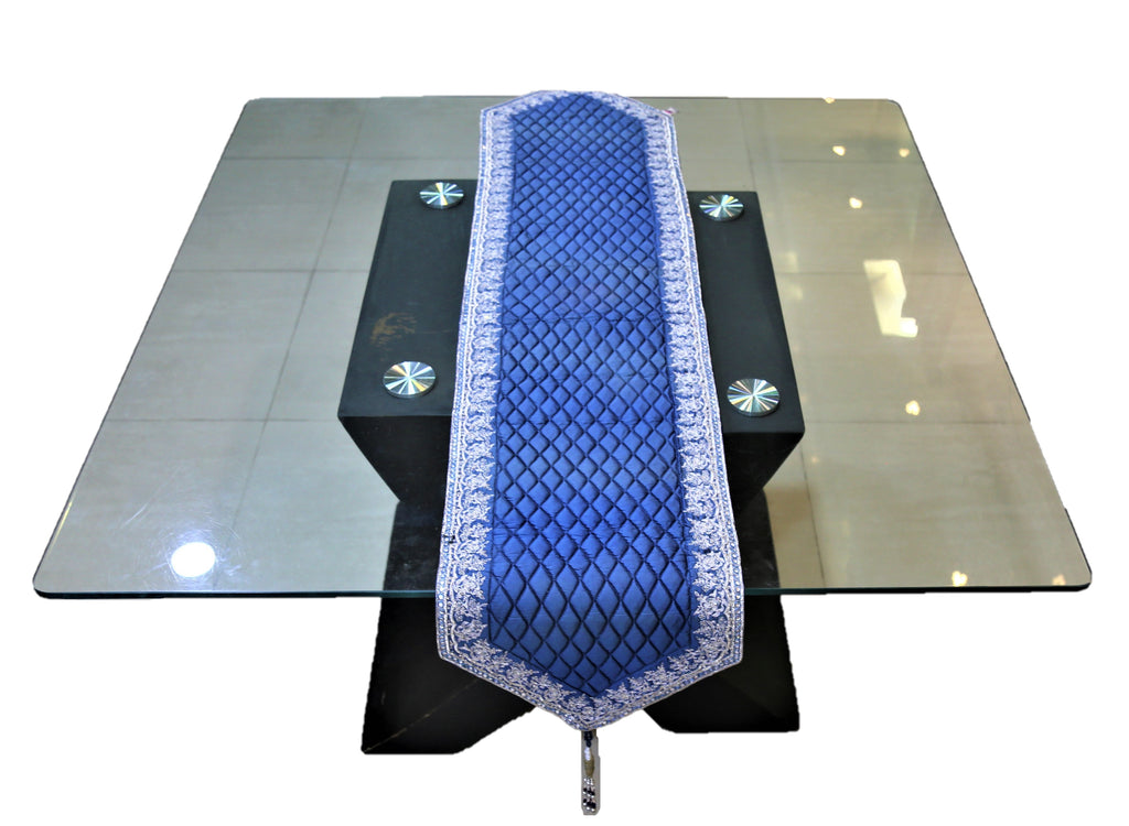 Zari Embroidery(13 X 60 Inch) Table Runner(Blue)-Silk - Jagdish Store Online Since 1965