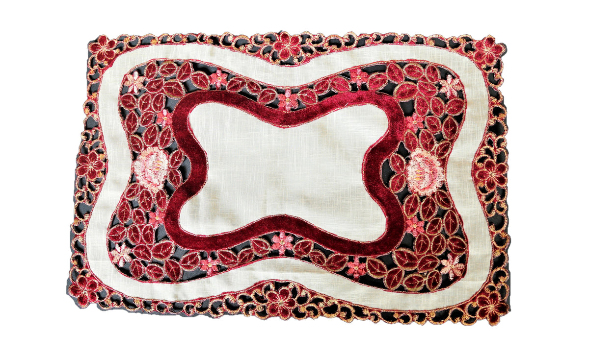 Maroon cream cutwork tissue table mat set of 9 with runner 12x18 inch