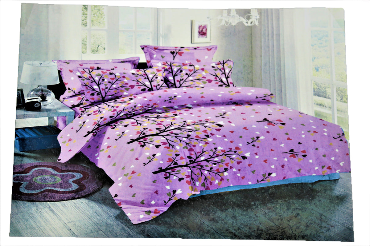 Purple cotton duvet cover with a tree-branch and heart-leaf print