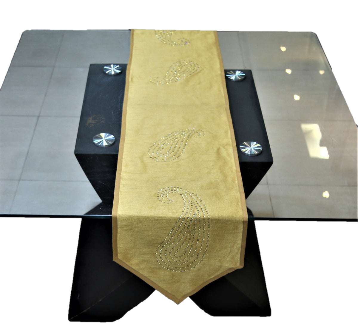 Sequence Work(14 X 72 Inch) Table Runner(Gold)-Dupion Silk - Jagdish Store Online Since 1965