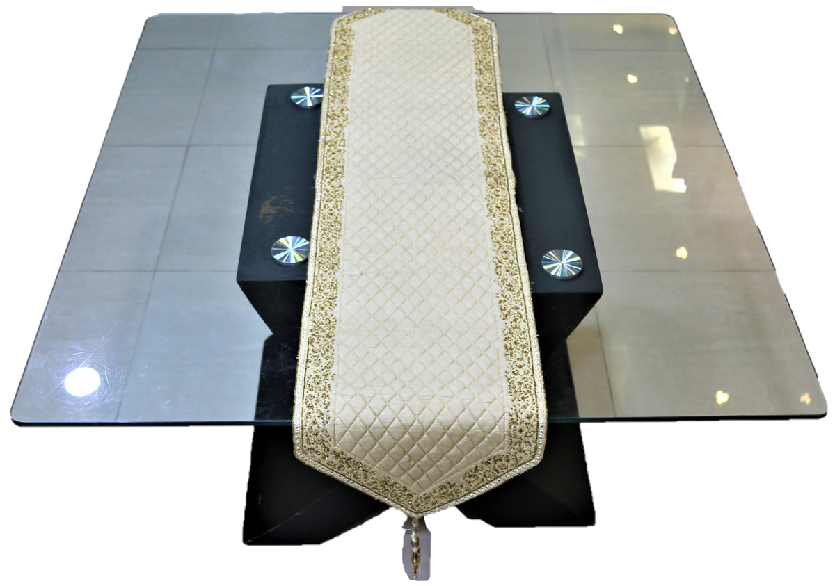 Zari Embroidery(14 X 60 Inch) Table Runner(Beige)-Dupion Silk - Jagdish Store Online Since 1965