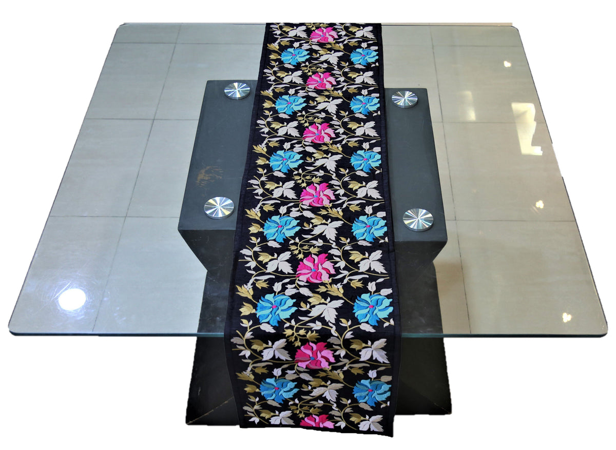 Purple Embroidered Dupion Silk Table Runner 13 X 90 inch front view