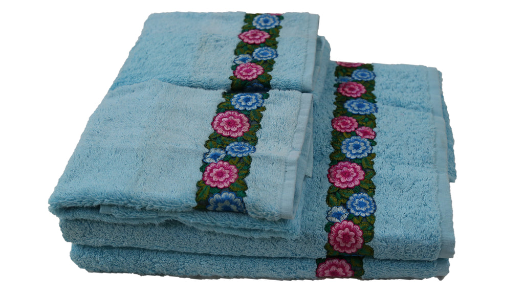 (L. Blue) Embroidery Cotton Bath Towel Set-4 Pcs Set - Jagdish Store Online Since 1965