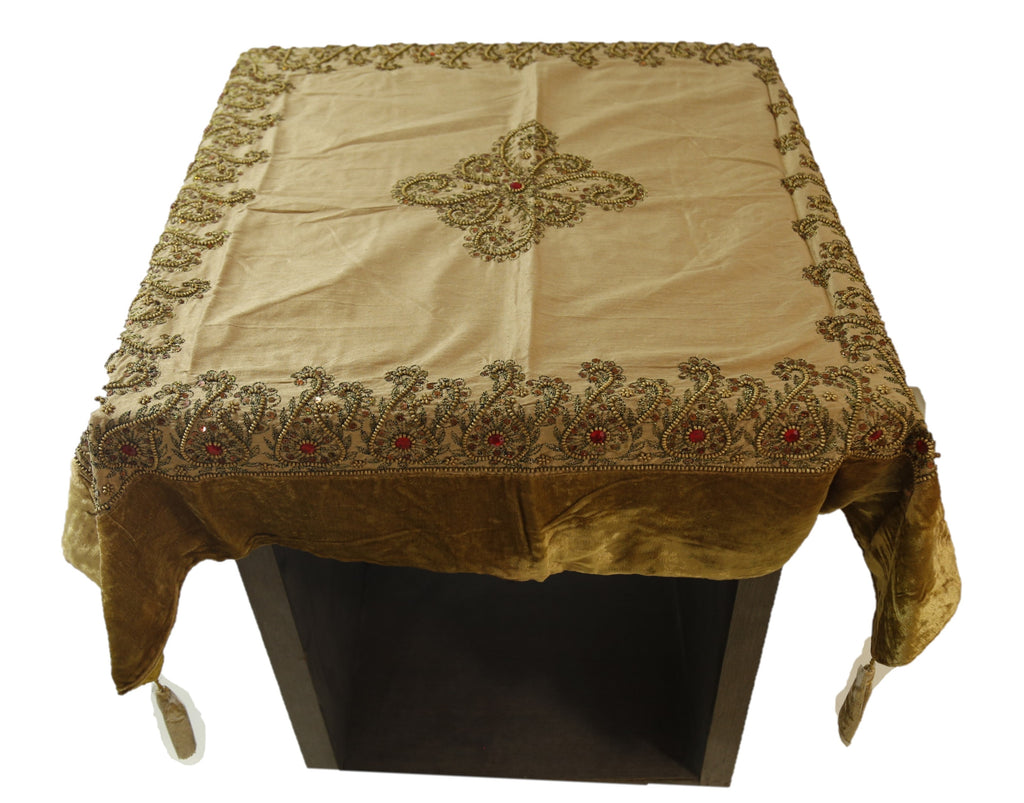Hand Embroidered  (40 X 40 Inch) Table Cover(Golden)-Chenille - Jagdish Store Online Since 1965