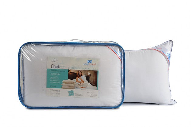 Homescapes Cloud microfibre pillow beside its blue zipped carry bag