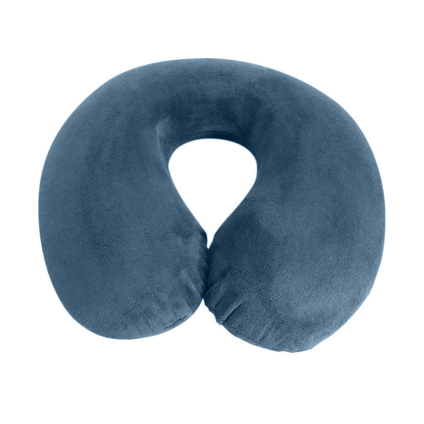 Grey U-shaped memory foam travel neck pillow in soft velour, top-down view