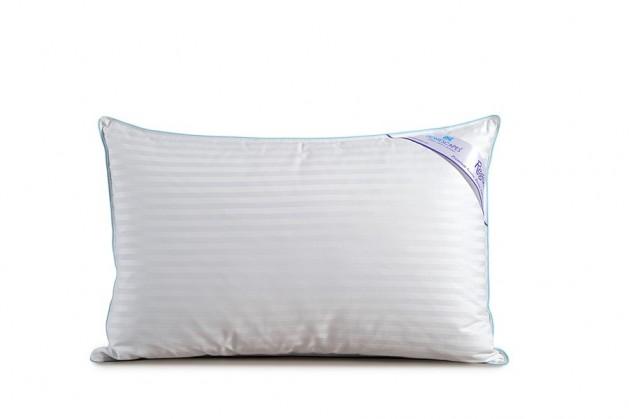 Close-up of the white satin stripe Regent pillow with a pale blue piped edge