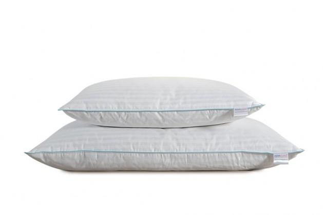 Two Regent satin stripe pillows stacked, showing the pale blue piped edge
