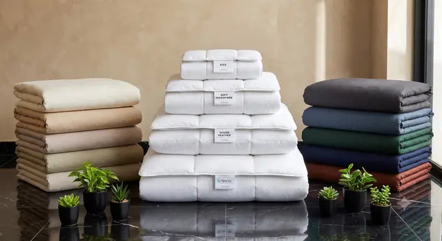 White duvets labelled Kids, Soft Microfibre, Goose Feather and Tencel, between stacks of coloured duvet covers