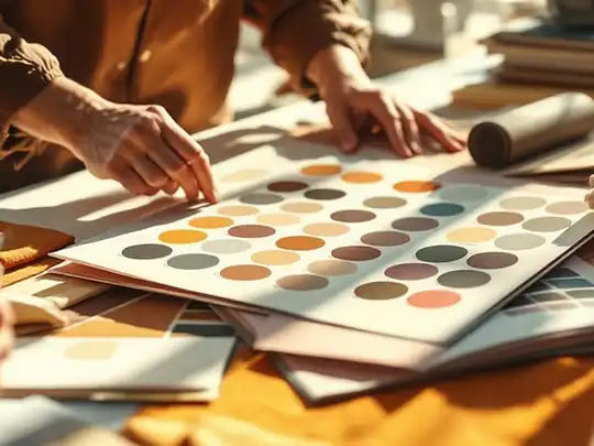 A designer choosing from a fan of fabric and colour samples