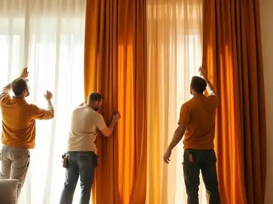 Curtains being installed on site by the Jagdish Store team