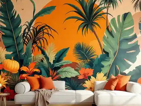 A large-scale tropical mural wallpaper behind a sofa