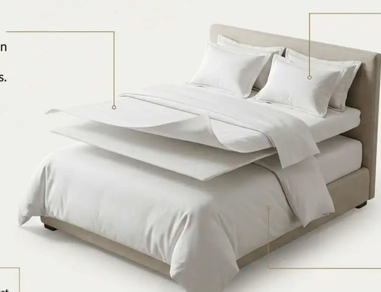 A made bed in layered cotton bed linen
